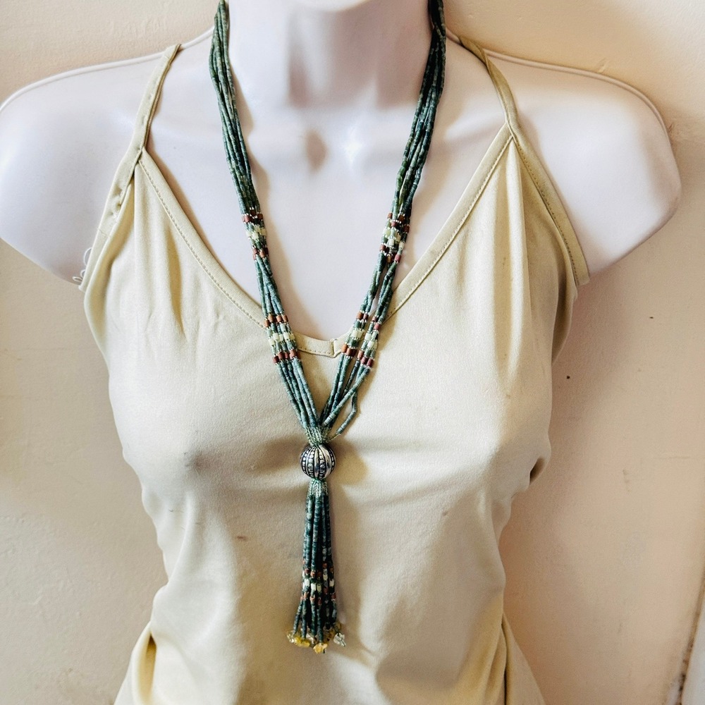 Handmade Green Beaded Tassel Necklace - Unbranded
